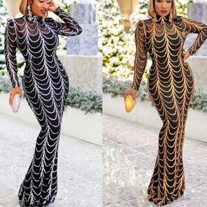 Elegant Black and Gold Chain Pattern Dress